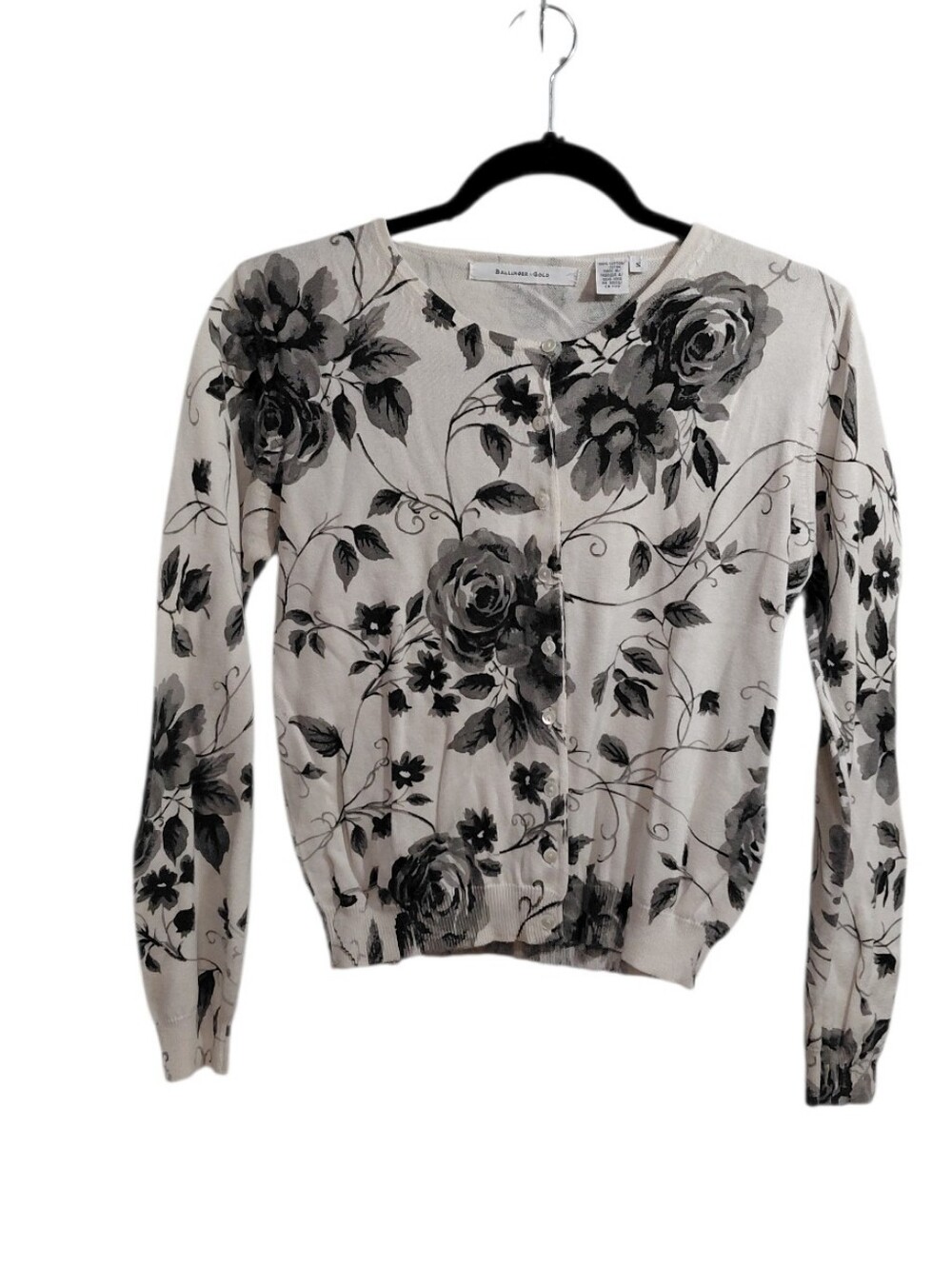 Floral Print Crewneck Cardigan - Cream with Black Floral